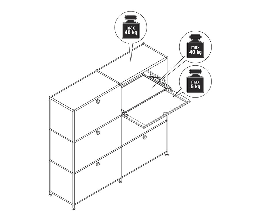 Schéma d'une commode en métal « CN3 » avec 6 compartiments à abattants, grande, dont un est ouvert. Charge maximale du dessus 40 kg et des compartiments à abattants 5 kg.