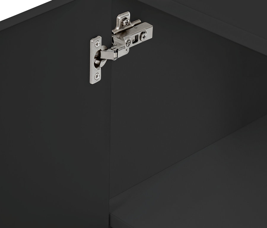 Détail du meuble sous-vasque anthracite Eklund avec porte ouverte.
