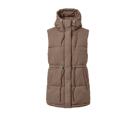 Gilet matelassé marron avec capuche.