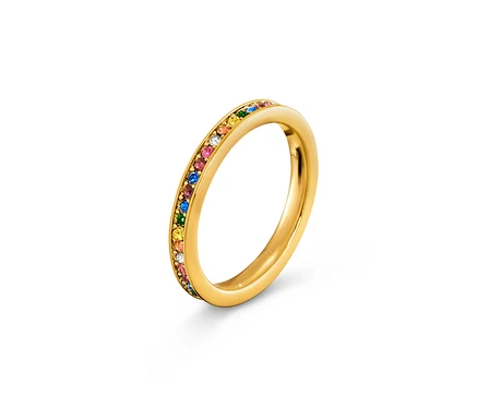 Bague multicolore « Mémoire » dorée avec des pierres colorées.