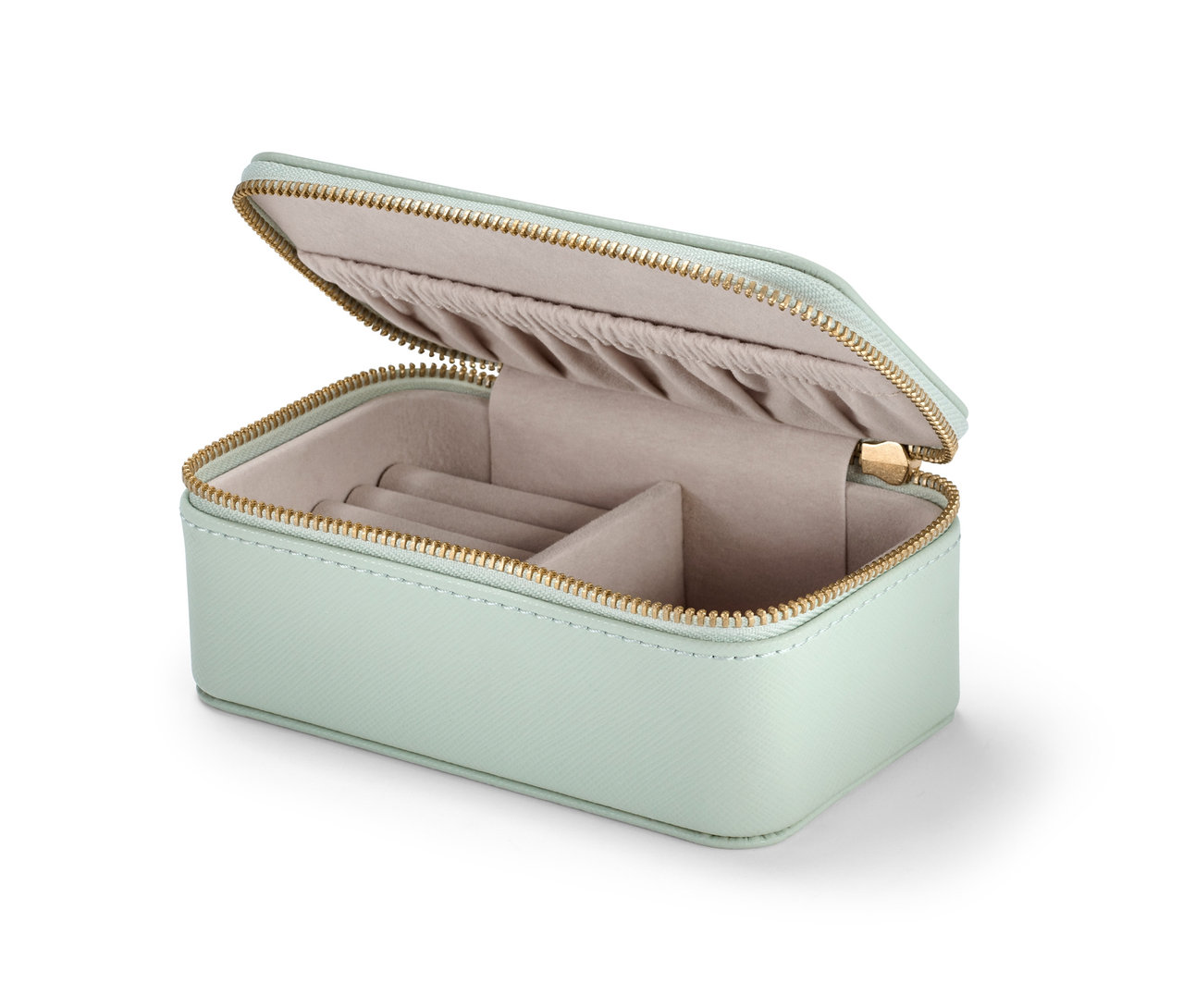 Petite boîte à bijoux ouverte vert clair avec fermeture éclair dorée.