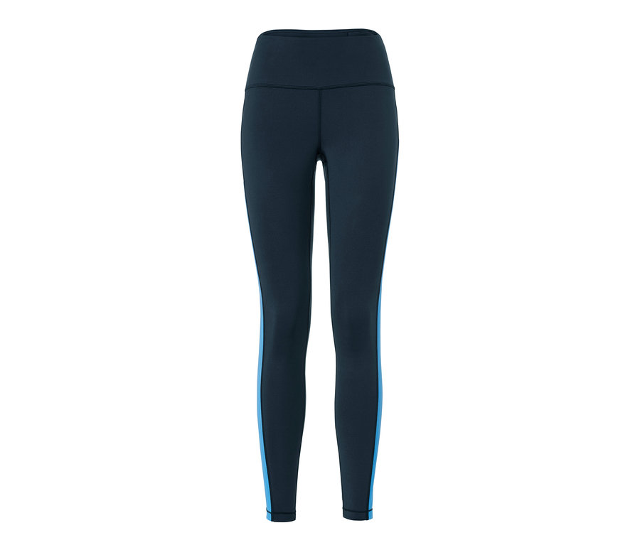 Legging de sport avec des bandes bleues sur les côtés.