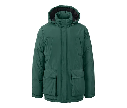 Parka matelassée verte avec capuche.