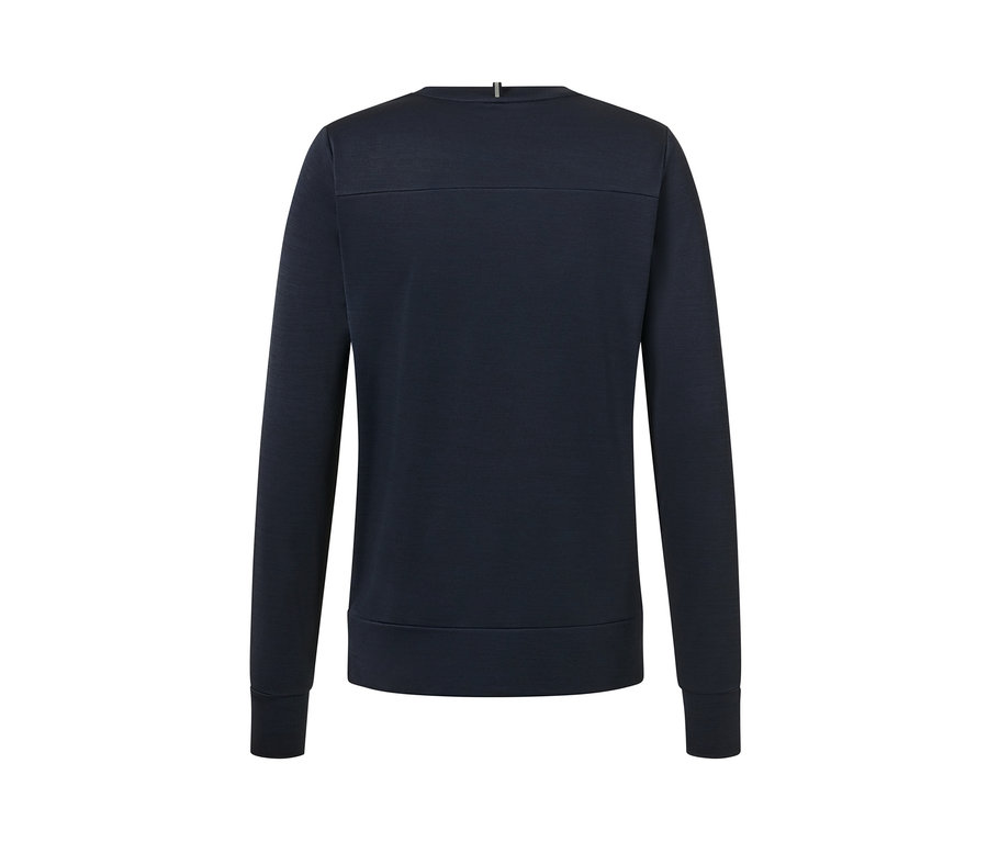 Un sweat-shirt fonctionnel bleu marine, vu de dos.