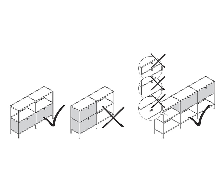 Le dessin montre des armoires métalliques avec des portes rabattables. Certaines armoires ont des portes grises et sont marquées d'une coche verte, d'autres ont des portes et sont marquées d'une croix rouge.
