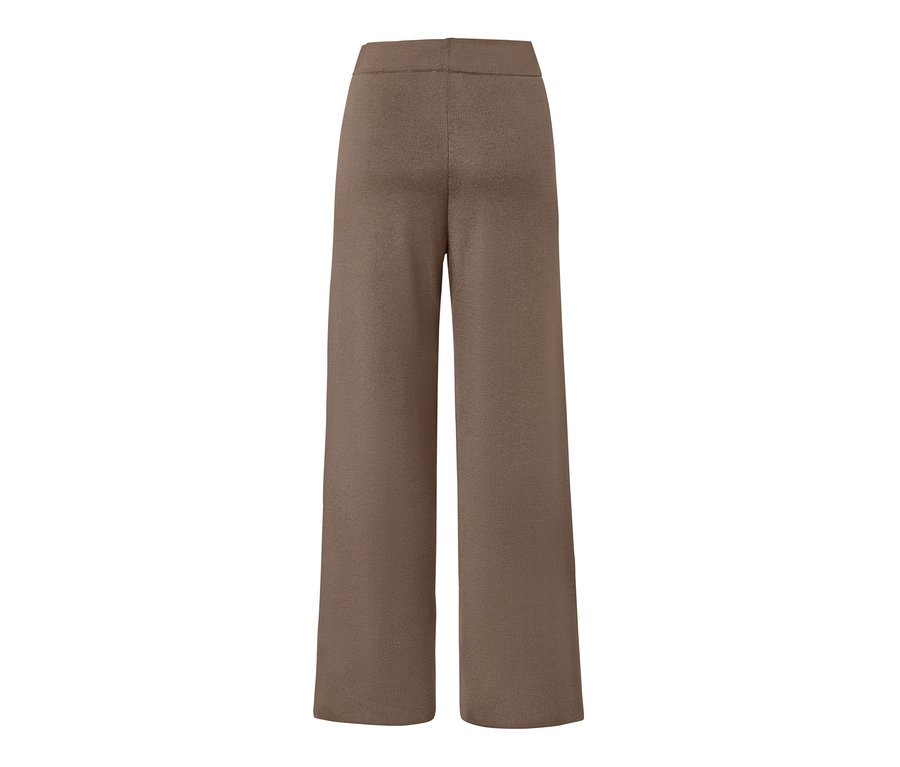 Pantalon en maille marron à jambes larges, vue de dos.