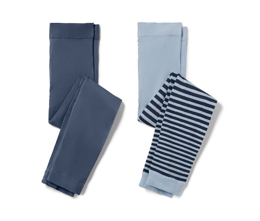 Deux leggings fins pour enfants : un bleu foncé, l’autre bleu clair avec des rayures bleu foncé.