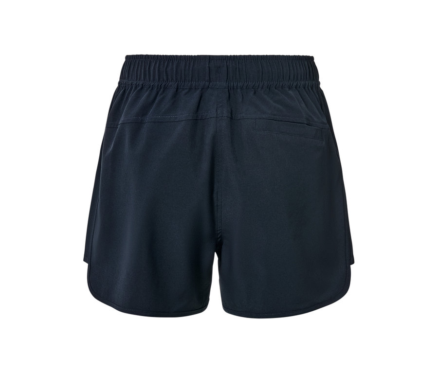 Vue détaillée de l'arrière d'un short de bain bleu foncé.