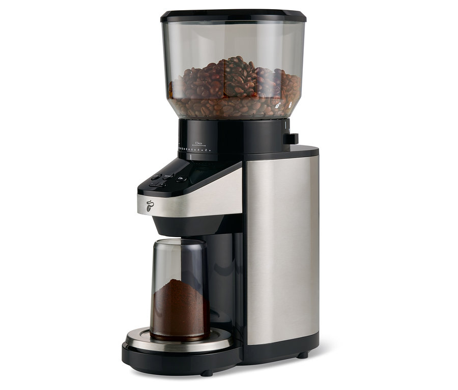 Un moulin à café électrique avec balance. Un récipient avec des grains de café est visible en haut, un récipient avec du café moulu est visible en bas.