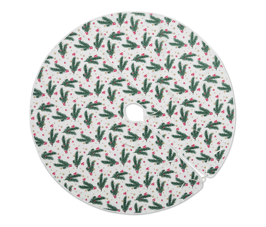 Un couvre-pied de sapin rond avec un imprimé de branches et de baies.