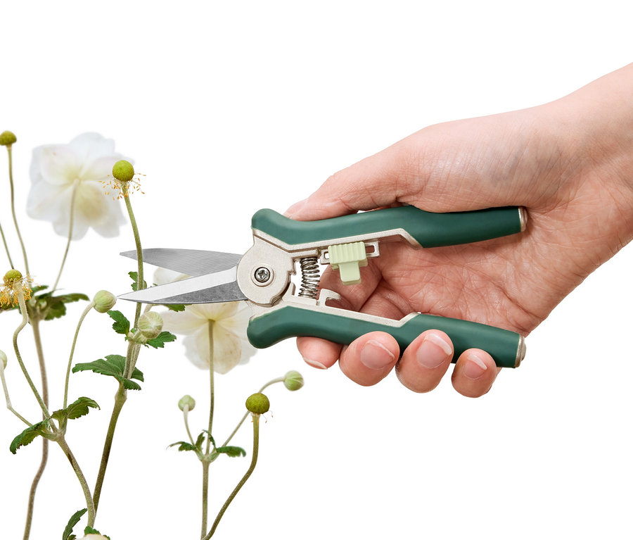 Une main coupe une fleur blanche avec 2 mini-sécateurs.