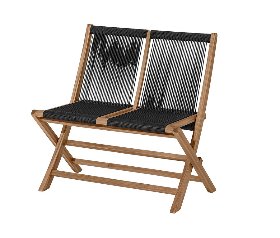Banc de jardin pliable avec tissage textile en bois marron et tissage textile noir.