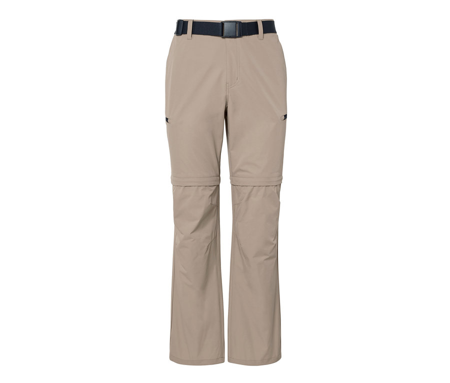 Pantalon technique 2 en 1 beige avec ceinture noire.
