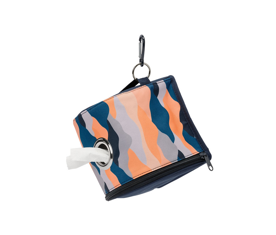 Distributeur de papier toilette à motif ondulé bleu, gris et orange.