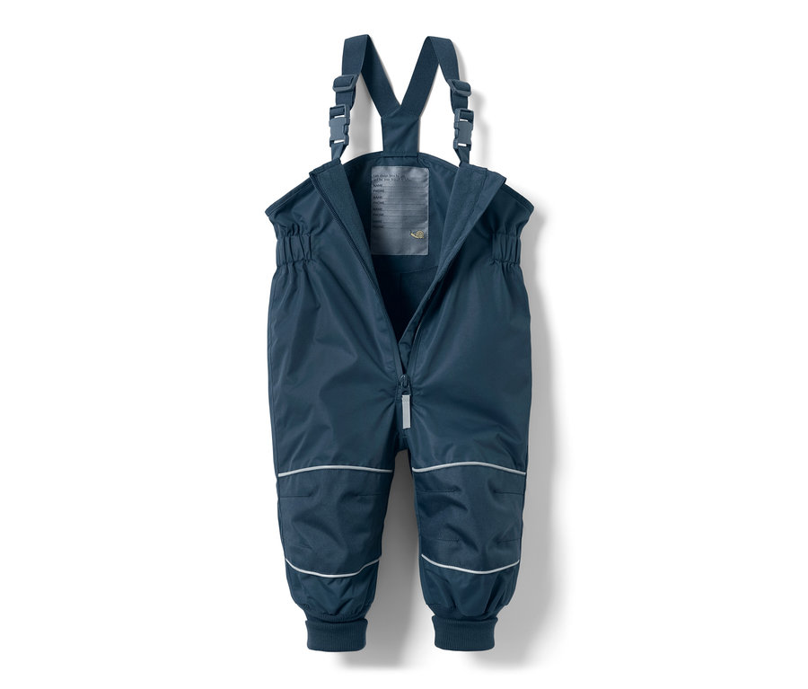 Pantalon imperméable bleu marine pour tout-petit avec bavette et fermeture éclair.
