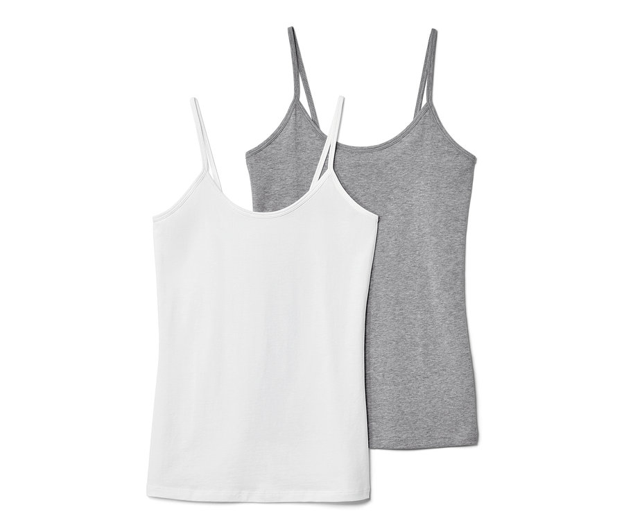 Deux chemisettes spaghetti, une blanche et une grise.