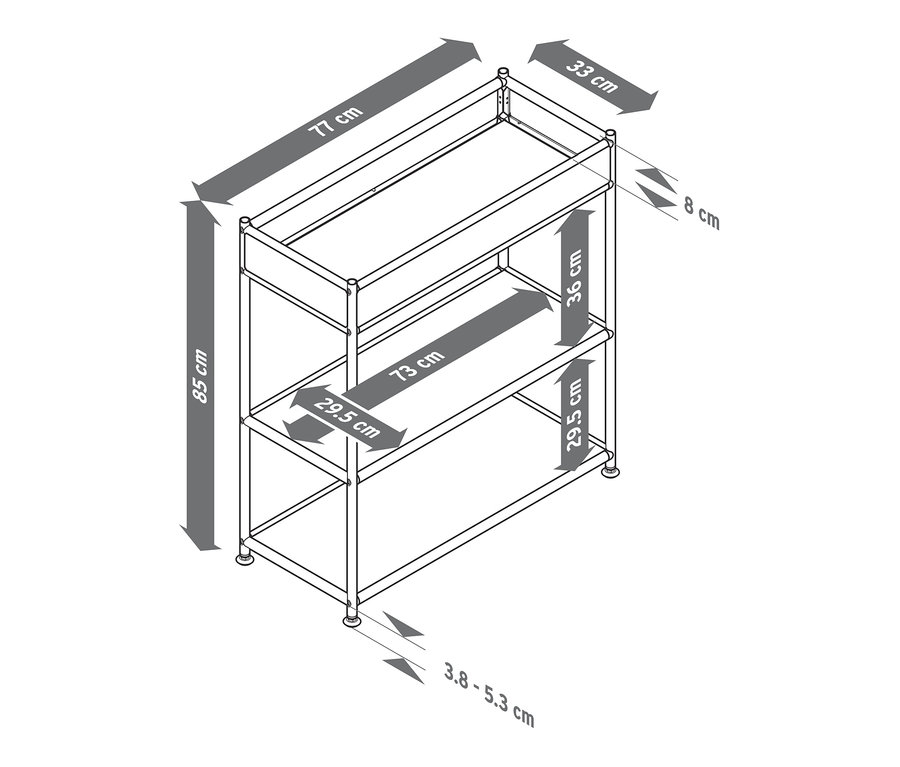 Schéma d'une console en métal « CN3 » avec tablette et dimensions.