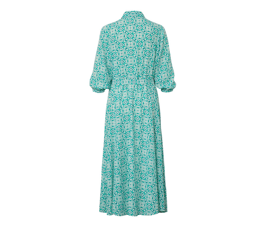 Vue arrière d'une robe chemisier avec imprimé intégral turquoise et blanc.