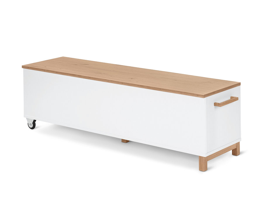 Banc de lit blanc avec fonction coffre et plateau en bois.