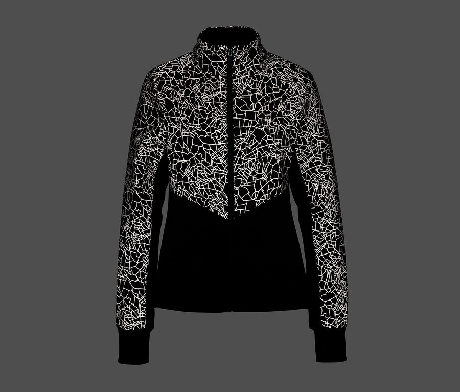 Veste thermique noire avec motif géométrique réfléchissant blanc.