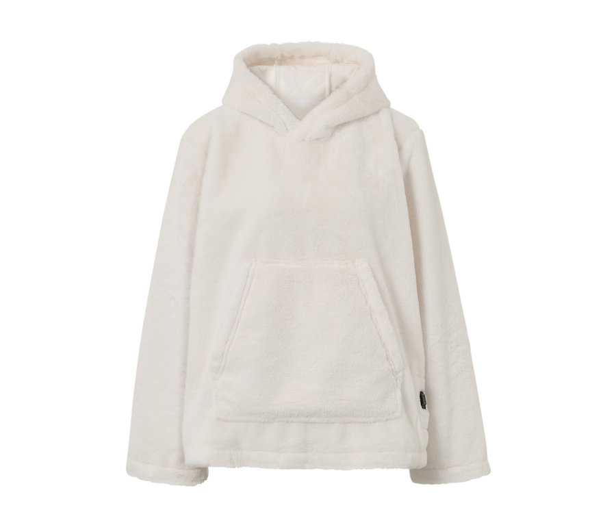 Un pull chauffant à batterie blanc avec capuche et poche kangourou.