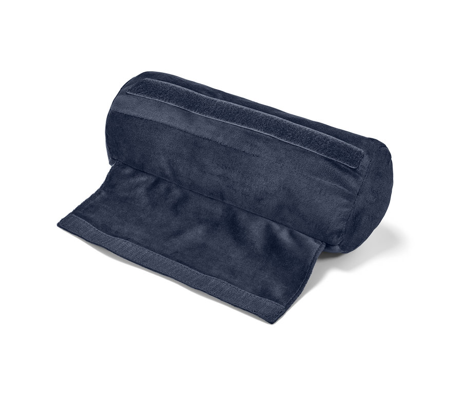 Coussin de ceinture de voiture bleu avec des sangles de fixation.