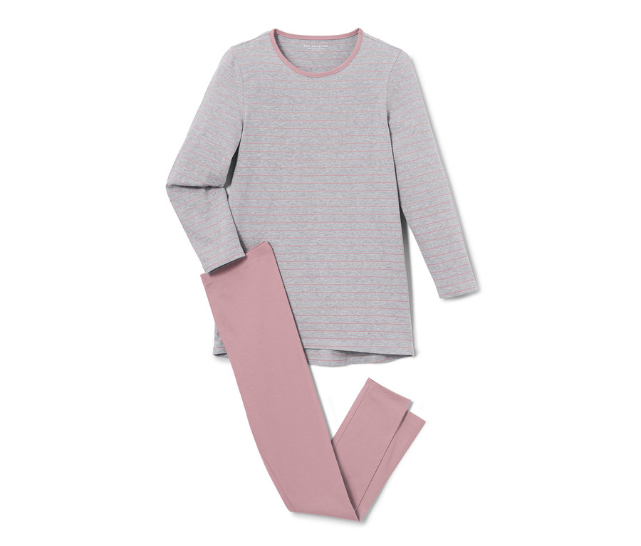 2 pyjamas pour enfant, comprenant un haut rayé gris et un pantalon rose.