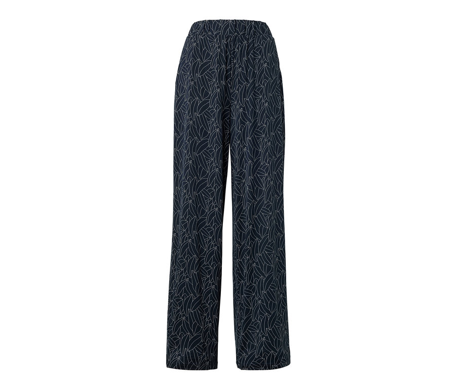 Pantalon palazzo imprimé bleu foncé et blanc crème.