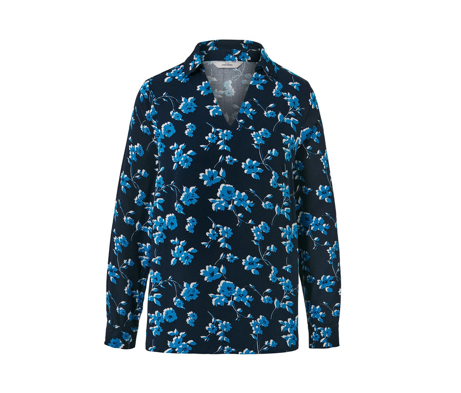 Une blouse bleu marine à imprimé floral intégral.