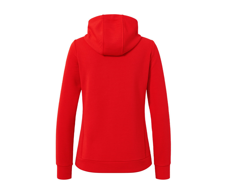 Vue arrière d'une veste à capuche rouge orange.