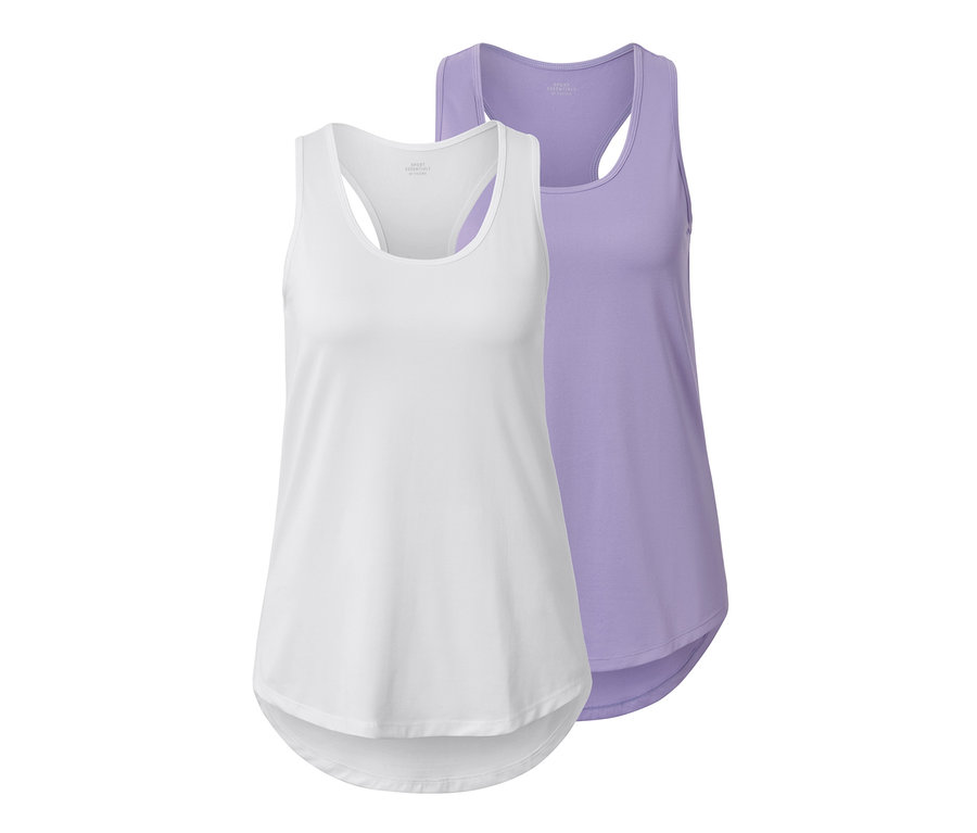 Deux tops fonctionnels, lilas et blanc.