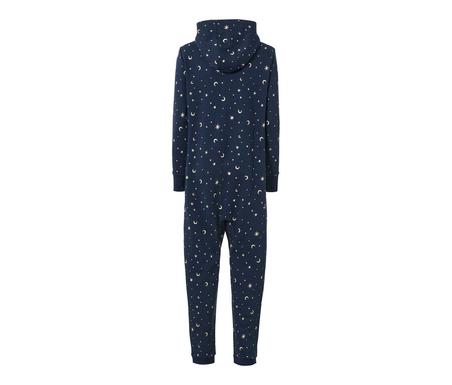 Combinaison d’intérieur bleu marine avec capuche et imprimé intégral d'étoiles et de lunes.