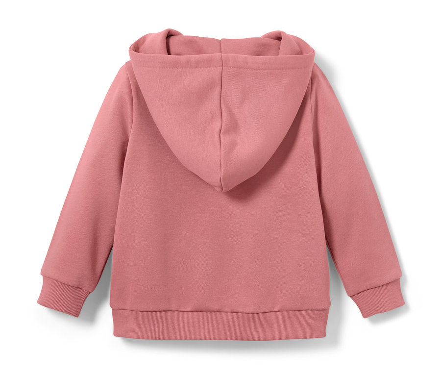 Sweat-shirt rose pour enfant avec capuche et manches longues vu de derrière.