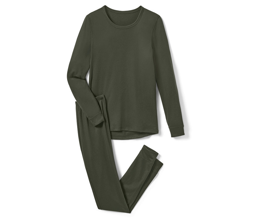 Sous-vêtements techniques thermiques kaki posés sur fond blanc.