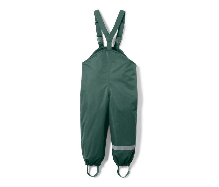 Pantalon de pluie thermique vert foncé pour enfant avec bavette et bande réfléchissante sur la jambe.