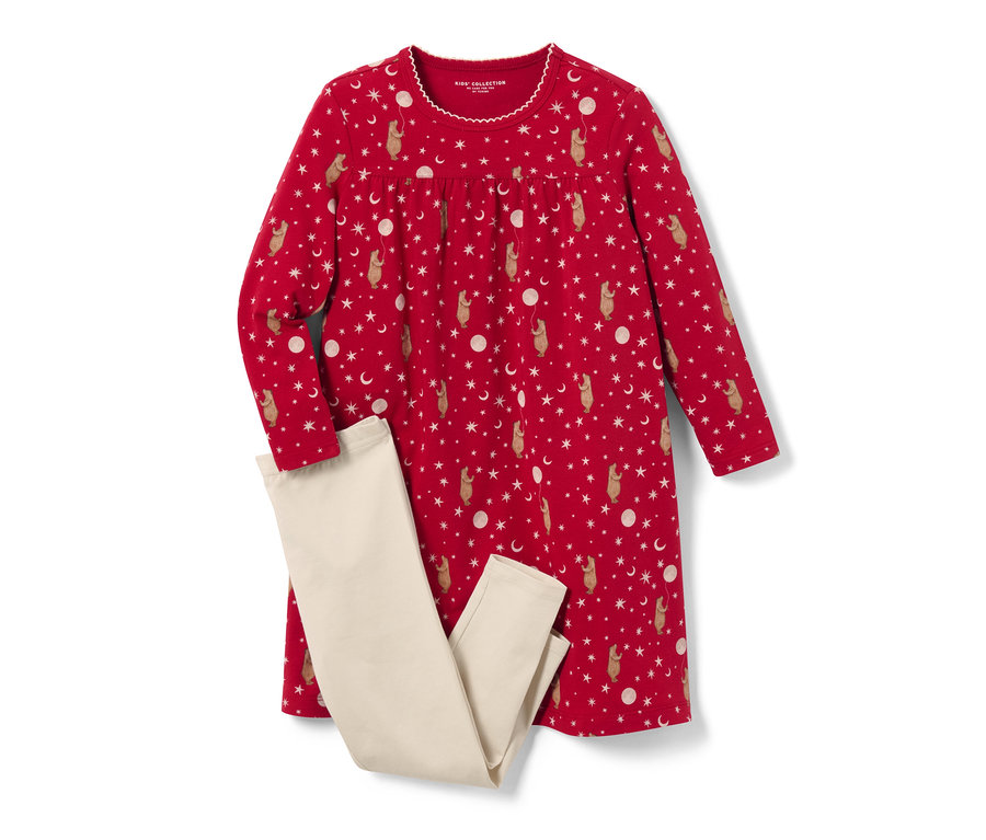 Une chemise de nuit pour enfant avec legging, rouge avec un motif d'ours, d'étoiles et de lunes.