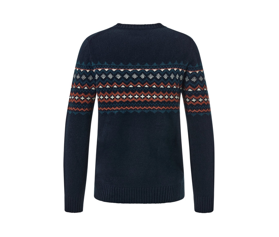 Gros plan sur un pull en maille bleu marine.