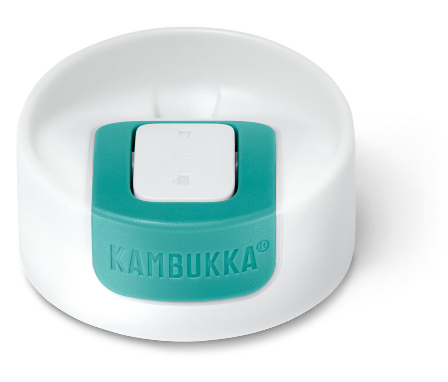 Vue détaillée du couvercle blanc du gobelet to-go Kambukka, Light Gold, avec un couvercle coulissant turquoise au centre.