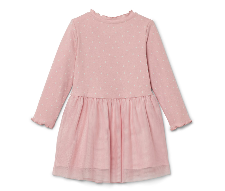 Robe à côtes rose pour enfants avec manches longues et pois blancs.