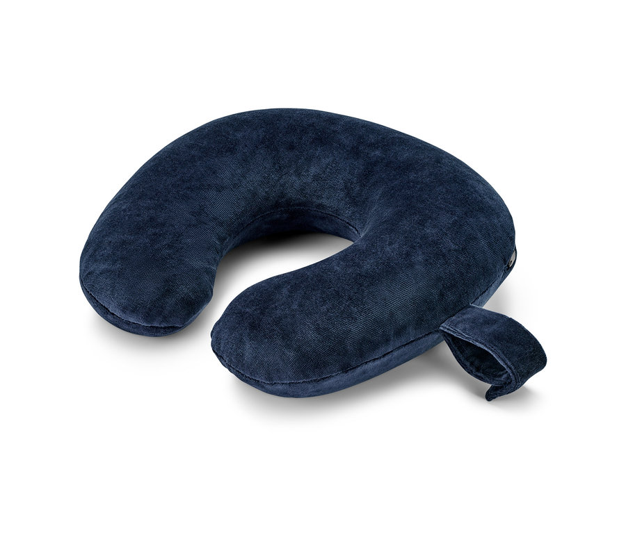 Coussin de nuque bleu marine en mousse à mémoire de forme.