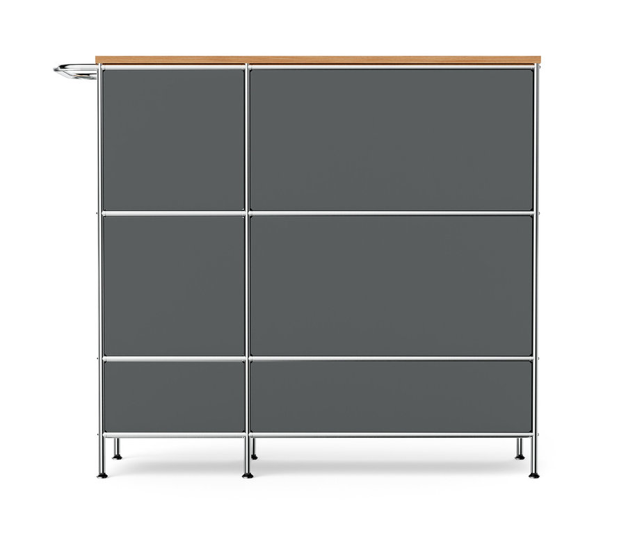 Meuble en métal « CN3 » gris avec plateau en bois, un abattant et quatre tiroirs.
