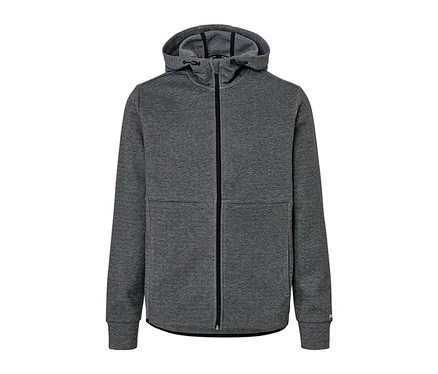 Veste technique en sweat grise avec fermeture éclair et capuche.