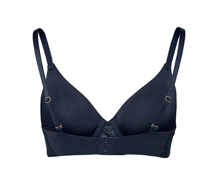 Vue arrière détaillée d'un soutien-gorge à armature bleu foncé.