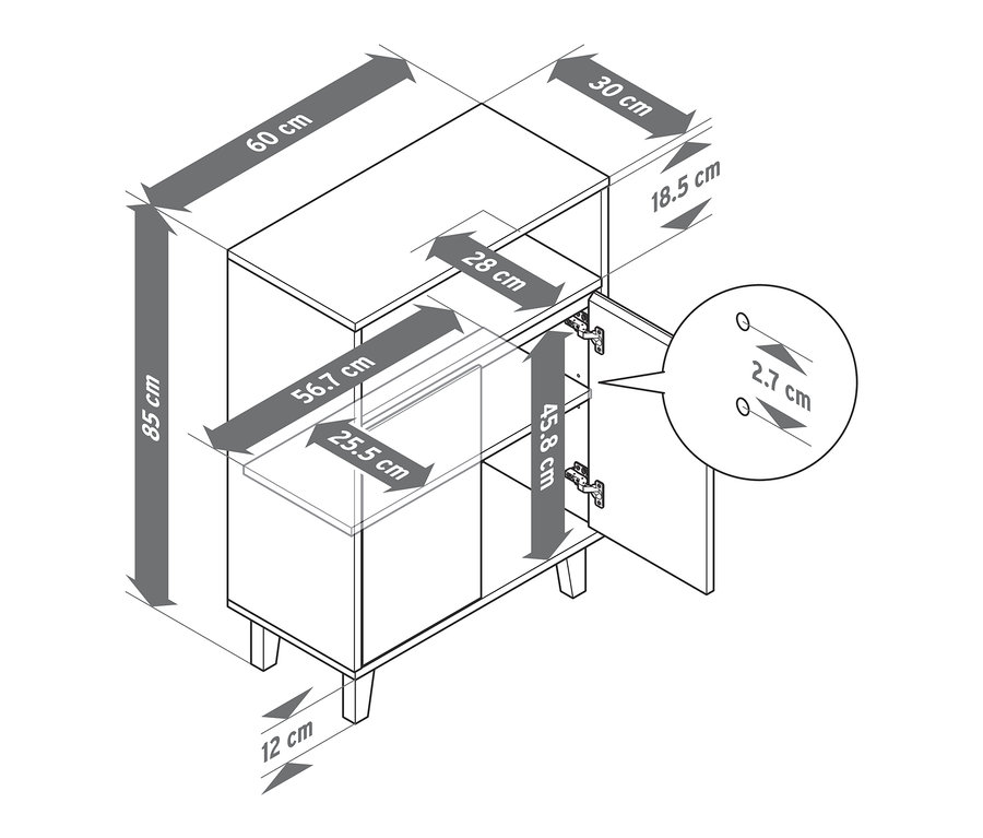 Schéma d'un meuble d'appoint avec 2 portes et un espace ouvert, avec les dimensions indiquées.