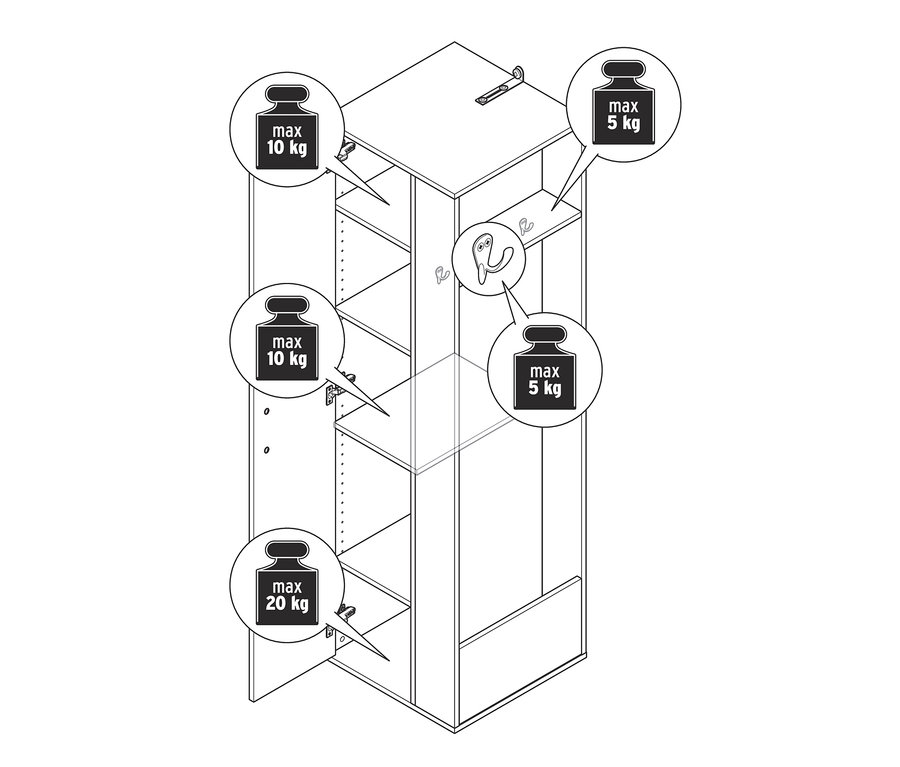 Schéma d'une armoire universelle avec espace de rangement latéral, comprenant une représentation des charges maximales supportées par les étagères.