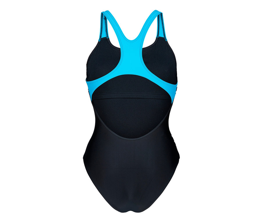Vue détaillée de l'arrière du maillot de bain pour femme Swim Pro Back Bustier Lily arena Feel en noir et turquoise.