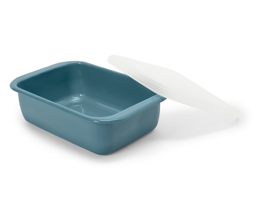 Récipient rectangulaire bleu avec couvercle blanc.