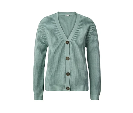 Cardigan en grosse maille sauge avec des boutons.