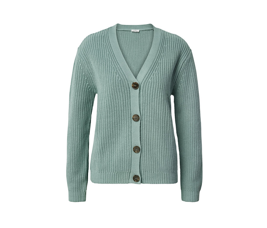 Cardigan en grosse maille sauge avec des boutons.