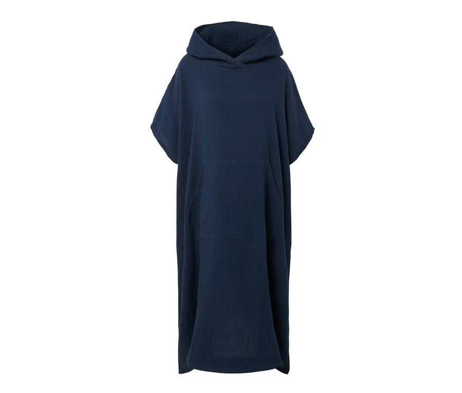 Poncho en mousseline bleu marine avec capuche et poche.